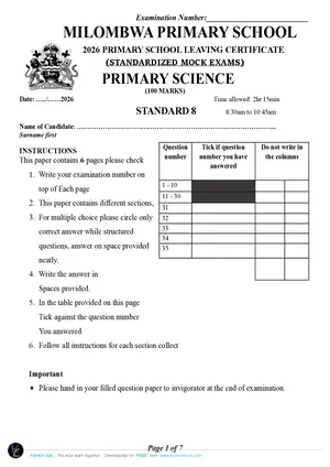 2026 Milombwa Primary School PSLCE (Standard 8) Primary Science Done - Preview