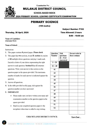 2026 Mulanje PSLCE Primary Science Mock - Preview