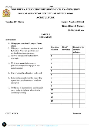 2026 NED MSCE Agriculture Paper I Mock with Answers - Preview