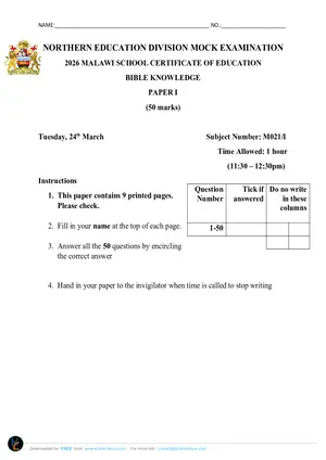 2026 NED MSCE Bible Knowledge Paper I Mock with Answers - Preview
