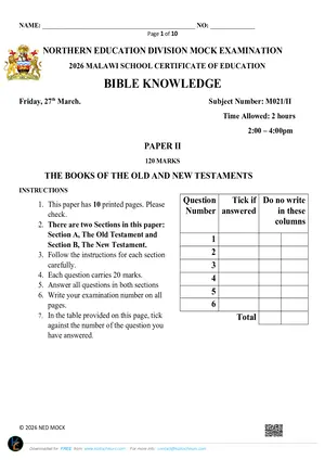 2026 NED MSCE Bible Knowledge Paper II Mock with Answers - Preview