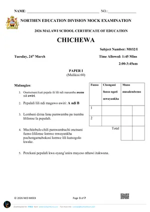 2026 NED MSCE Chichewa Paper I Mock with Answers - Preview