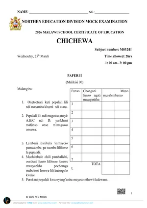 2026 NED MSCE Chichewa Paper II Mock with Answers - Preview
