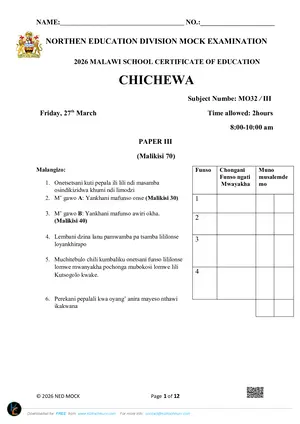 2026 NED MSCE Chichewa Paper III Mock with Answers - Preview