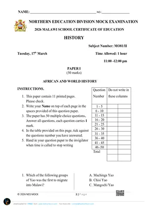 2026 NED MSCE History Paper I Mock with Answers - Preview