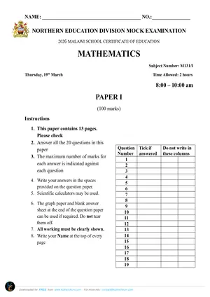 2026 NED MSCE Mathematics Paper I Mock with Answers - Preview