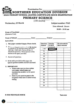 2026 NED PSLCE Primary Science Mock - Preview