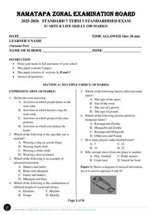 2026 Namatapa LEA Standard 7 Term 1 Arts and Life Skills Past Paper - Preview
