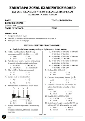 2026 Namatapa LEA Standard 7 Term 1 Mathematics Past Paper - Preview