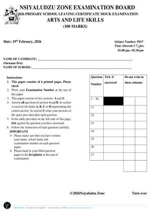 2026 Nsiyaludzu Zone PSLCE Arts and Life Skills Mock - Preview