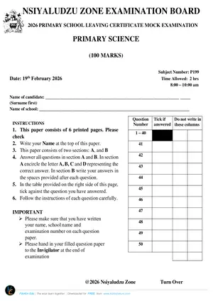 2026 Nsiyaludzu Zone PSLCE Primary Science Mock 1 - Preview