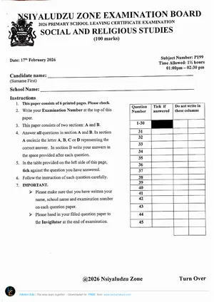 2026 Nsiyaludzu Zone PSLCE Social and Religious Studies Mock 1 - Preview
