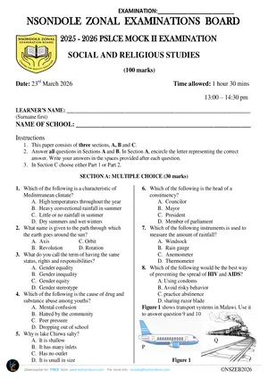2026 Nsondole Zone PSLCE Social & Religious Studies 2nd Mock - Preview