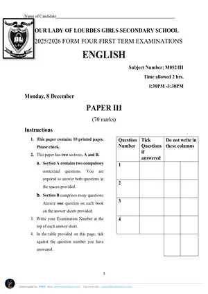 2026 Our Lady of Lourdes Girls Secondary MSCE Form 4 Term 1 English Paper III - Preview
