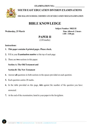 2026 SEED MSCE Bible Knowledge Paper II Mock - Preview