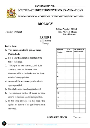 2026 SEED MSCE Biology Paper I Mock - Preview