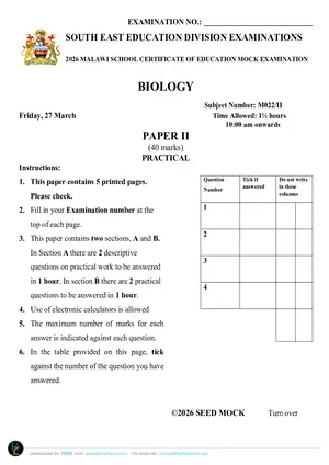 2026 SEED MSCE Biology Paper II (Practical) - Preview