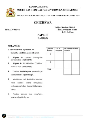 2026 SEED MSCE Chichewa Paper I Mock - Preview