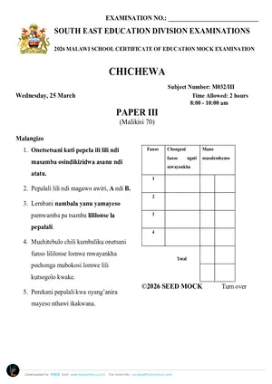 2026 SEED MSCE Chichewa Paper III Mock - Preview