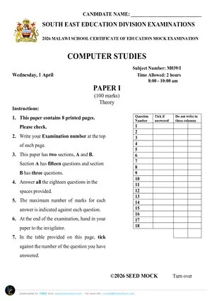 2026 SEED MSCE Computer Studies Paper I Mock - Preview
