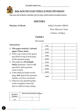 2026 SEED MSCE History Paper I Mock - Preview