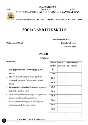 2026 SEED MSCE Social and Life Skills Paper I Mock - Preview
