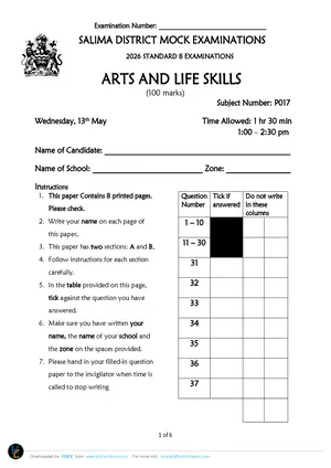 2026 Salima Malawi Primary School PSLCE Arts and Life Skills Mock - Preview