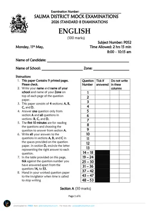 2026 Salima Malawi Primary School PSLCE English Mock - Preview