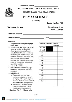 2026 Salima Malawi Primary School PSLCE Primary Science Mock - Preview