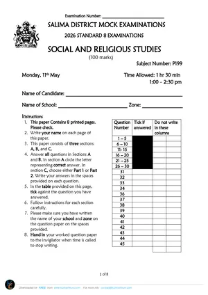 2026 Salima Malawi Primary School PSLCE Social and Religious Studies Mock - Preview