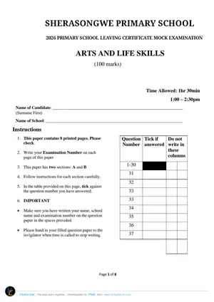 2026 Sherasongwe Zone PSLCE Arts and Life Skills Mock - Preview