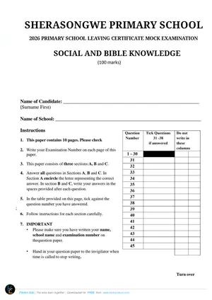 2026 Sherasongwe Zone PSLCE Social & Religious Studies Mock - Preview