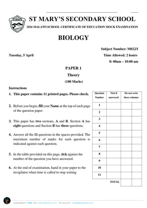 2026 St Mary's MSCE Biology Paper I Mock - Preview