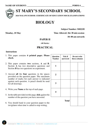 2026 St Mary's MSCE Biology Paper II Post-Mock - Preview