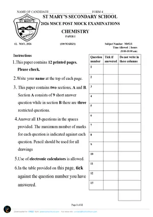 2026 St Mary's MSCE Chemistry Paper I Post-Mock - Preview