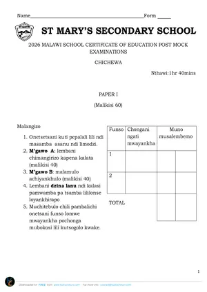 2026 St Mary's MSCE Chichewa Paper I Post-Mock - Preview