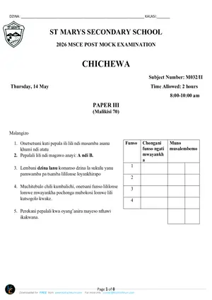 2026 St Mary's MSCE Chichewa Paper III Post-Mock - Preview