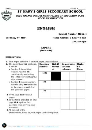 2026 St Mary's MSCE English Paper I Post-Mock - Preview