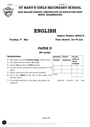 2026 St Mary's MSCE English Paper II Post-Mock - Preview