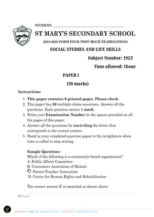 2026 St Mary's MSCE Social and Life Skills Paper I Post-Mock - Preview