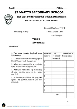 2026 St Mary's MSCE Social and Life Skills Paper II Post-Mock - Preview