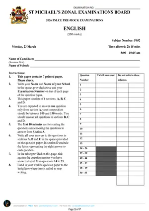 2026 St Michaels Zone PSLCE English 8 Pre-Mock - Preview