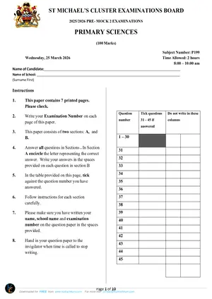 2026 St Michaels Zone PSLCE Primary Science 8 Pre-Mock - Preview