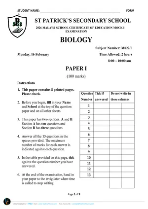 2026 St Patrick's MSCE Biology Paper I Mock - Preview