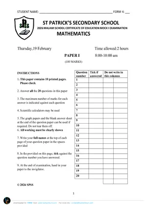 2026 St Patrick's MSCE Mathematics Paper I - Preview