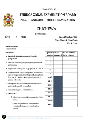 2026 Thunga Zone PSLCE Chichewa 8 Mock - Preview