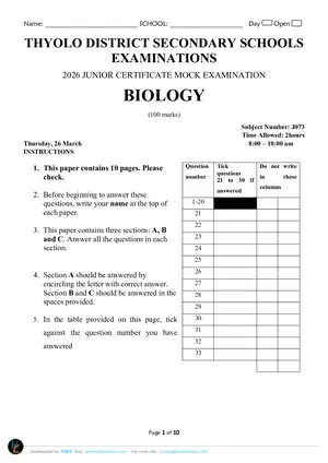 2026 Thyolo Cluster JCE Biology Mock with Answers - Preview