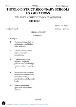 2026 Thyolo Cluster JCE Chichewa Paper I Mock with Answers - Preview