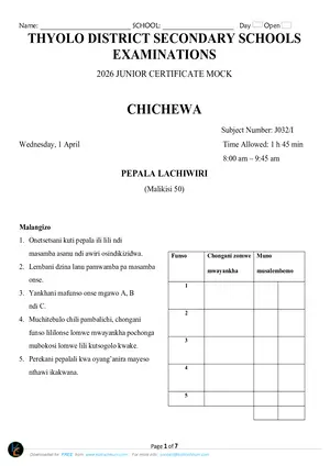 2026 Thyolo Cluster JCE Chichewa Paper II Mock with Answers - Preview