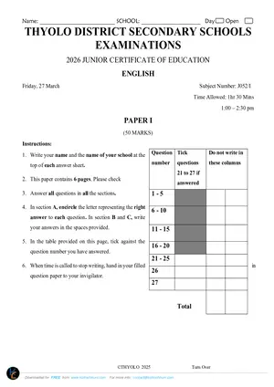 2026 Thyolo Cluster JCE English Paper I Mock - Preview